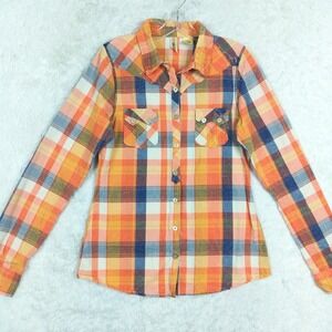 BKE Womens Shirt Button Up Western Orange Plaid Lightweight Long‎ Sleeve L